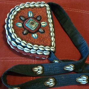 Cowrie shell handbag burgundy and black. Handmade north African